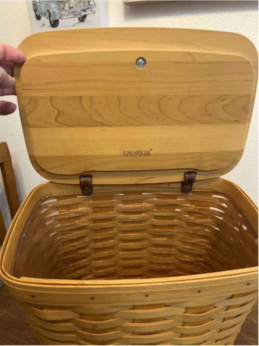 Longaberger 2002 Signed Basket Woodcraft Lid & Liner Maker Initials Signed